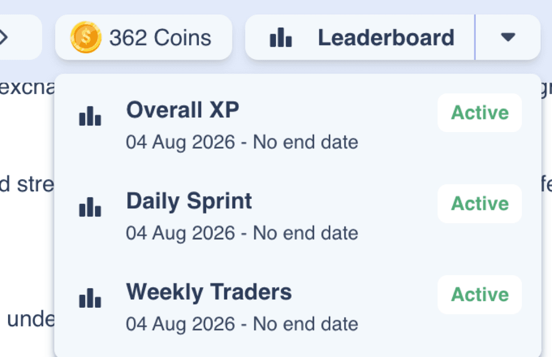 The Leaderboard dropdown in the portal top bar lists Overall XP, Daily Sprint and Weekly Traders, each with a start date, No end date and an Active status badge