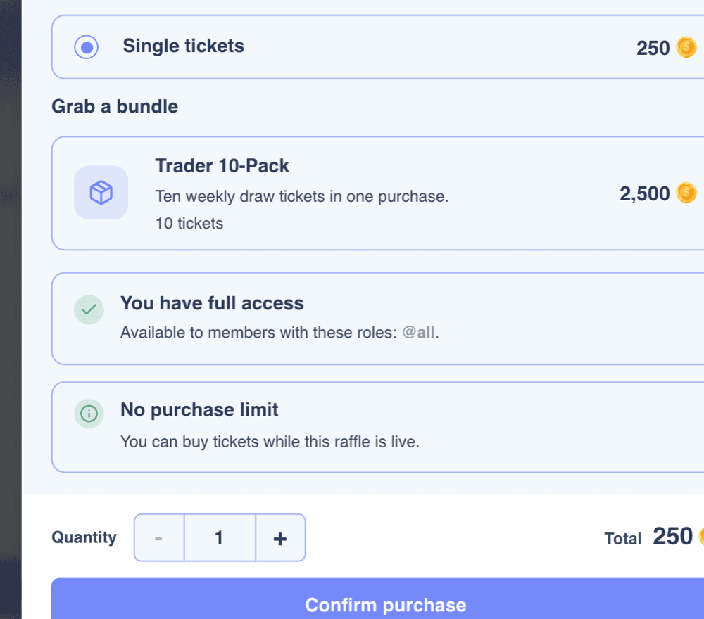 Buy Tickets purchase controls with a single ticket, ten-ticket bundle, access notes and total
