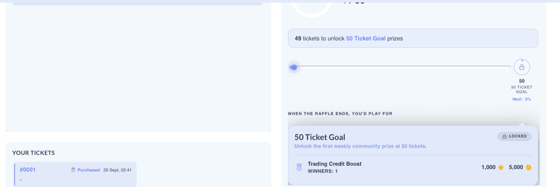 Locked 50-ticket goal prize above a member's tickets