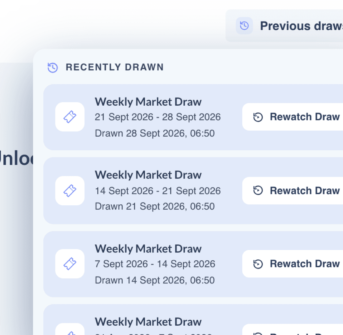 Previous weekly raffle draws with Rewatch Draw options