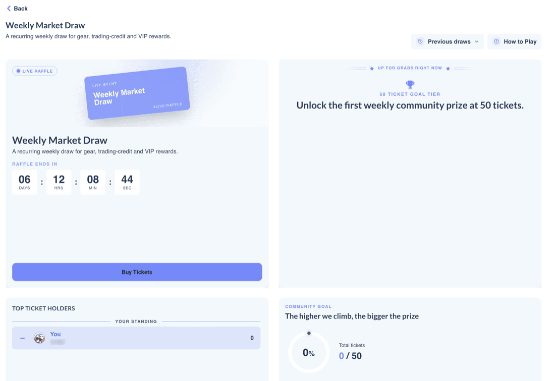 Live raffle detail with draw countdown, ticket goal and Buy Tickets button