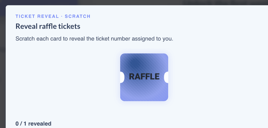 Scratch card revealing a numbered raffle ticket