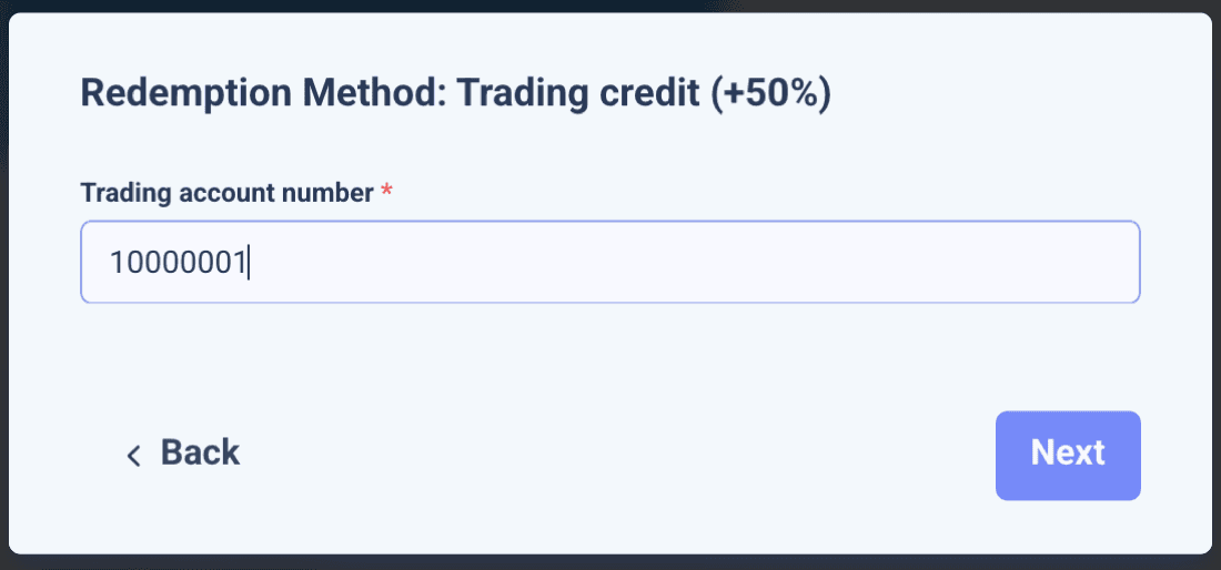 Checkout field for a trading account number under the selected trading credit method