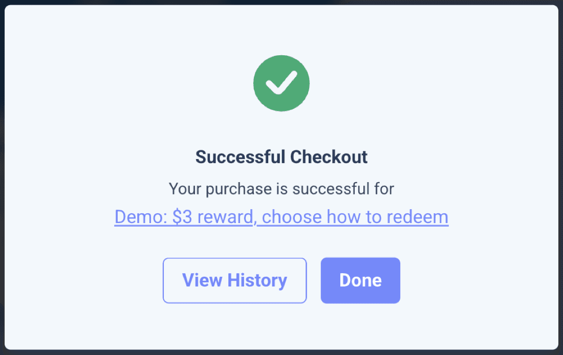 Successful checkout with View History and Done buttons