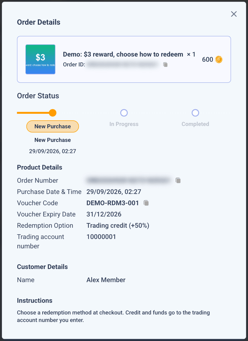 Order Details with voucher code, expiry, chosen redemption option and account field