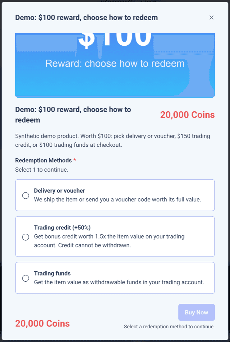 Product with three selectable redemption methods under one 20,000 coin price